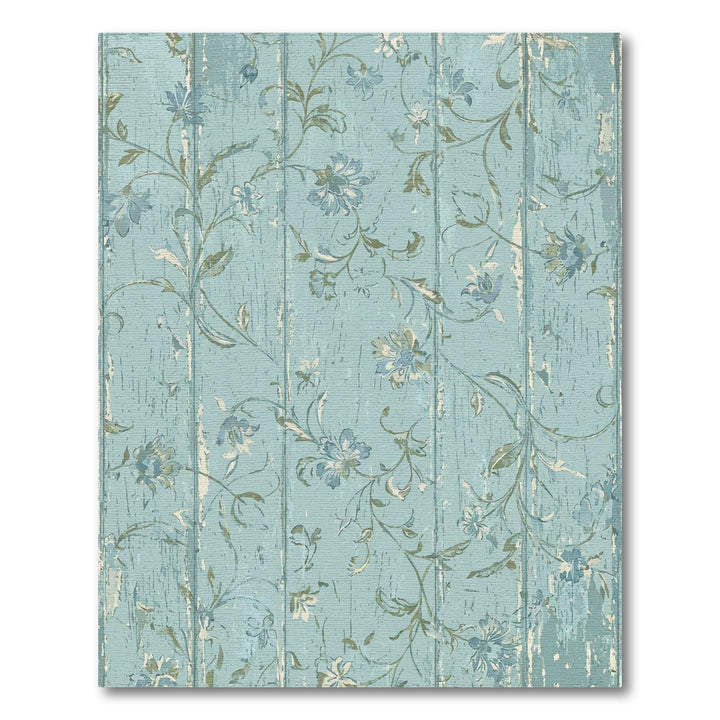 Distressed Aqua Floral Vine Wood Grain Rug