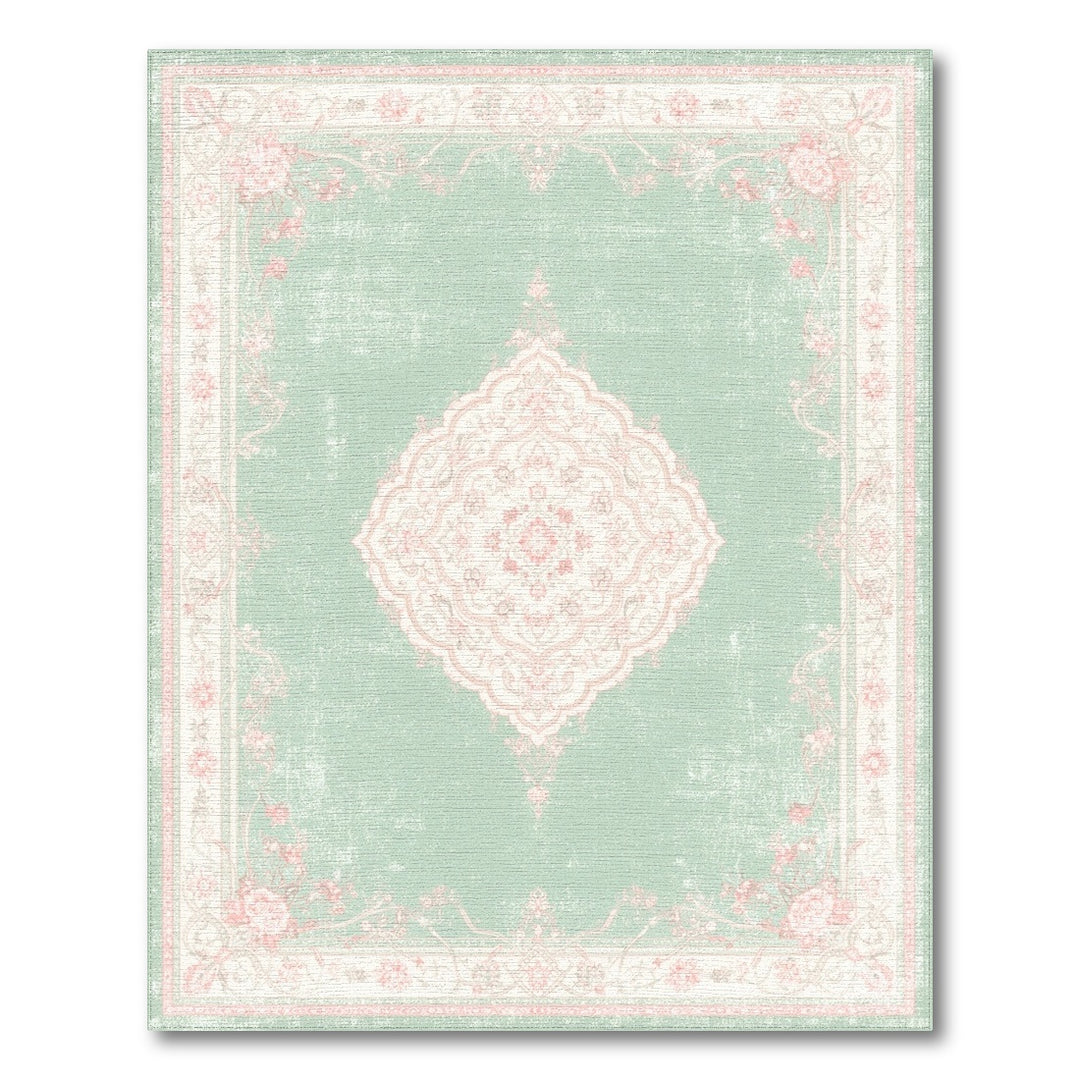 Floral Vintage Green Mint Green Pink Floral Vintage Area Rug