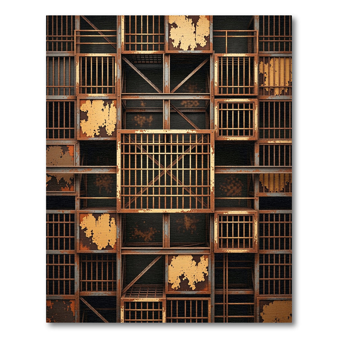 Industrial Rusted Metal Grid Blocks Rug