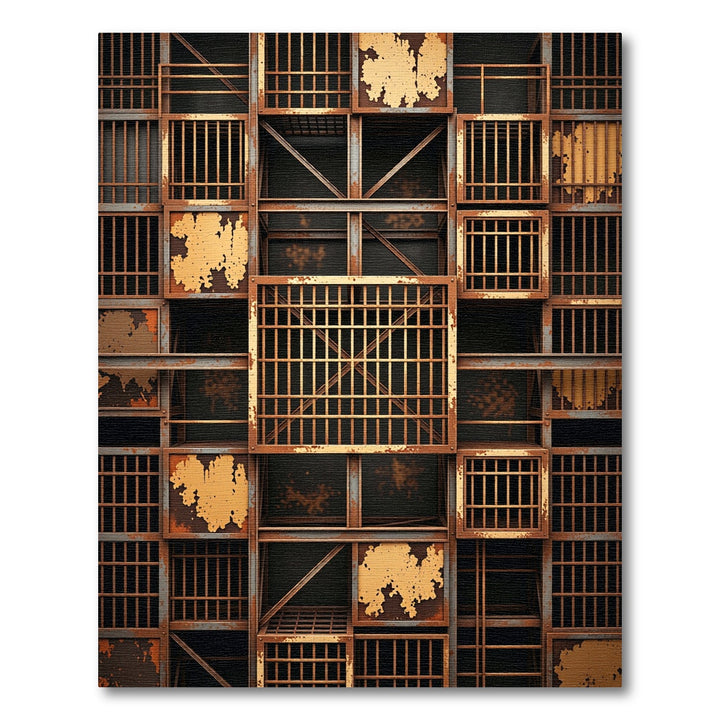 Industrial Rusted Metal Grid Blocks Rug
