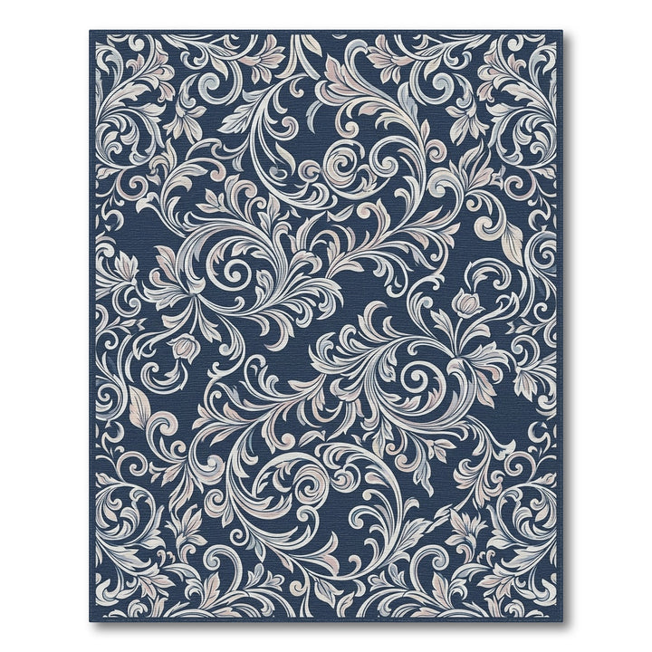 Dark Blue Scrollwork Floral Tapestry Rug