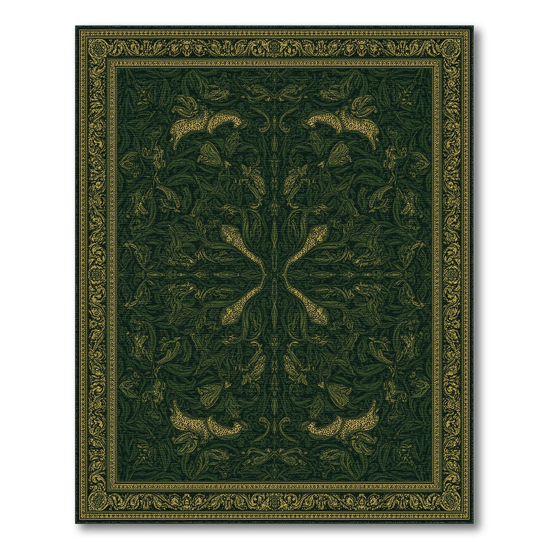 Green Floral Vintage Area Rug with Gold Hares