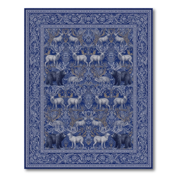 Blue Wildlife Area Rug with Deer and Bears
