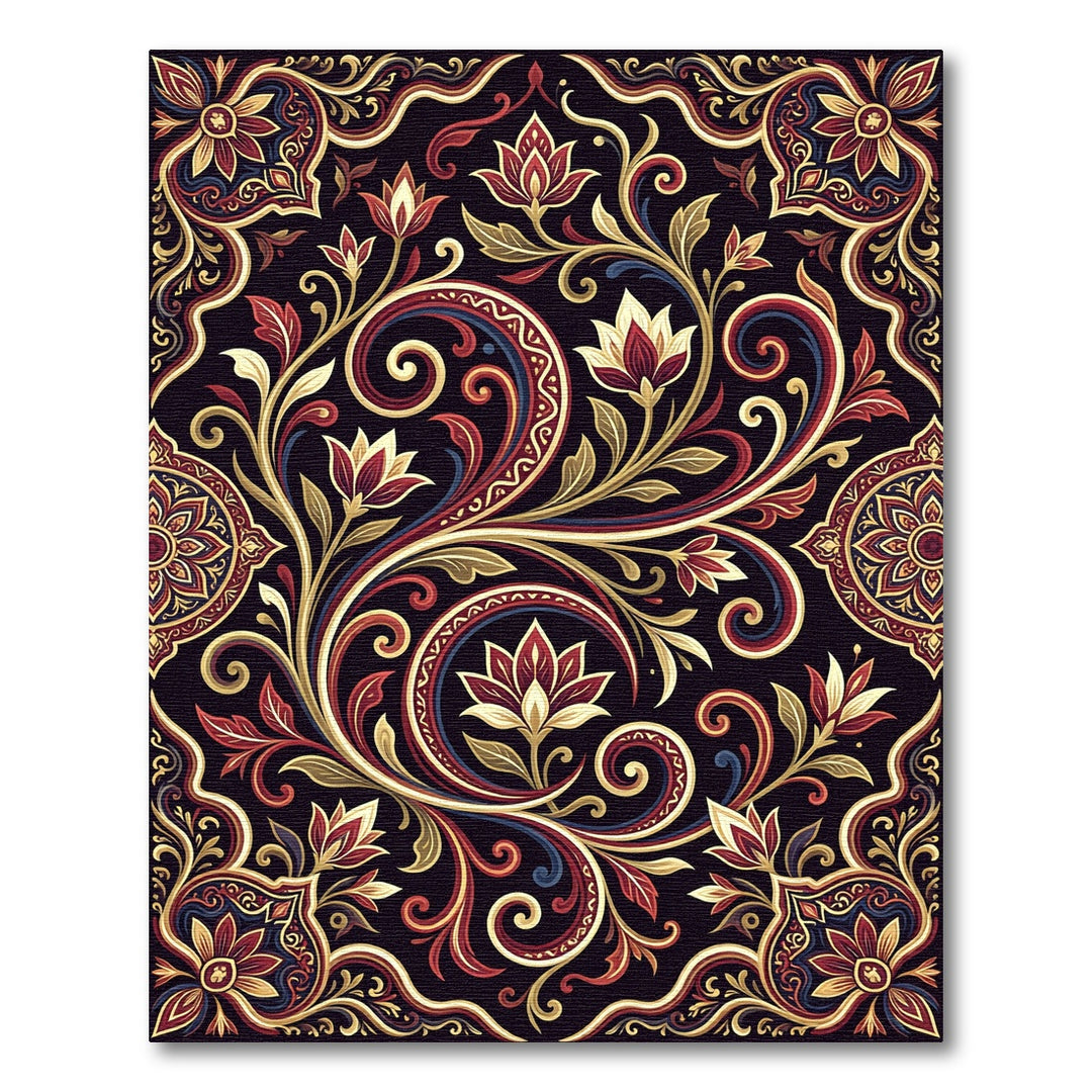 Ornate Crimson Floral Swirl Rug