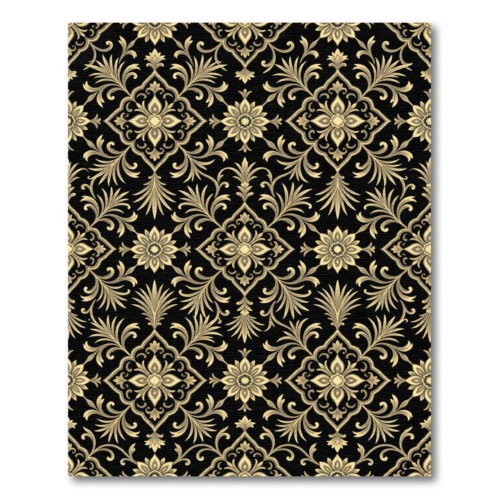 Ornate Black Gold Floral Damask Rug
