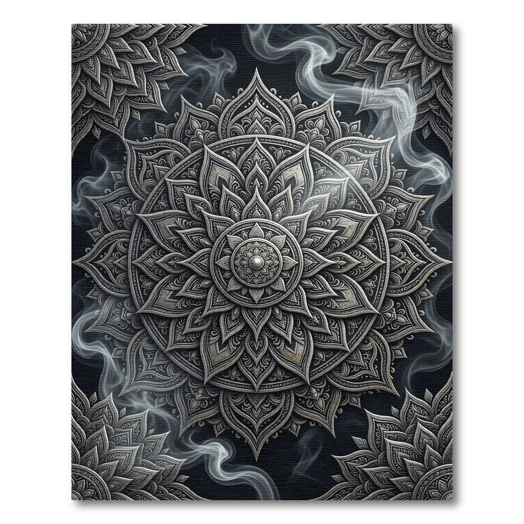 Ornate Silver Mandala Smoke Abstract Rug