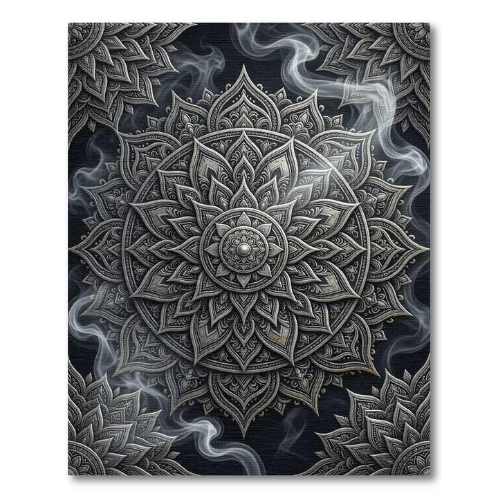 Ornate Silver Mandala Smoke Abstract Rug