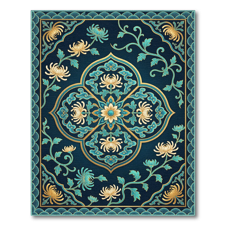 Deep Blue Golden Chrysanthemum Floral Swirl Rug