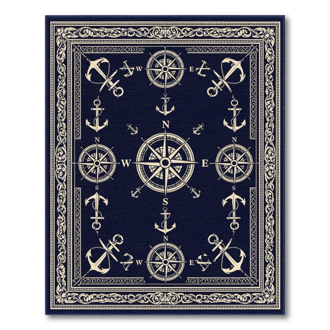 Navy Blue Nautical Anchor Compass Area Rug