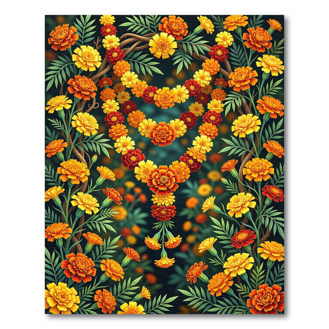 Vibrant Marigold Flower Garland Heart Rug