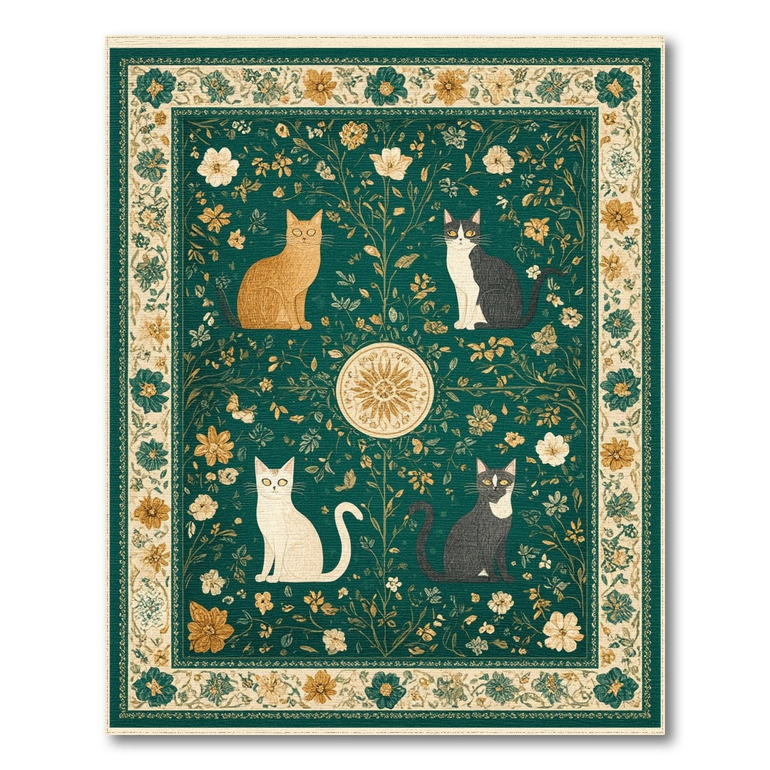 Green Vintage Floral Cats Area Rug