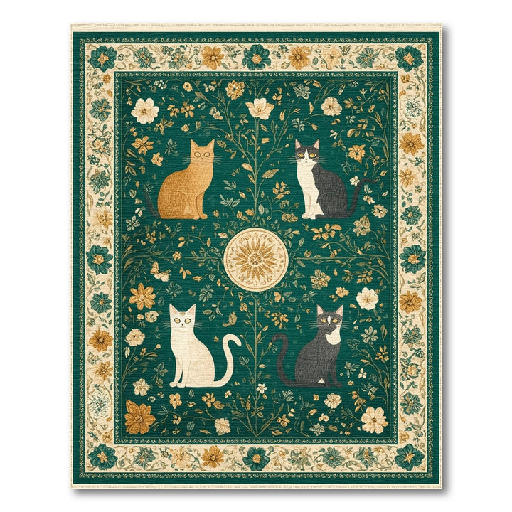 Green Vintage Floral Cats Area Rug