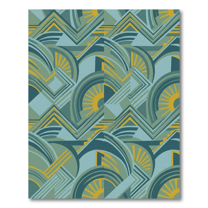 Art Deco Teal Yellow Sunburst Geometric Rug