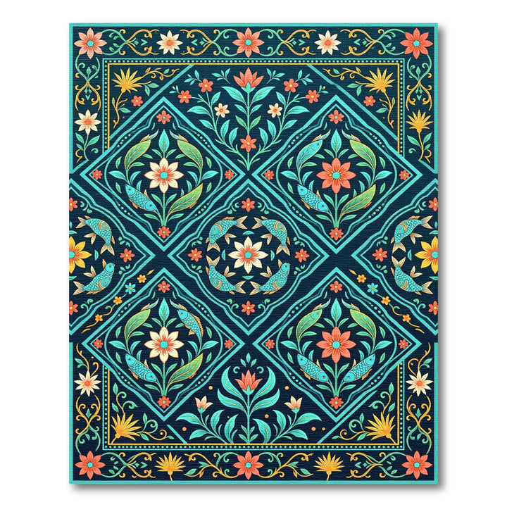 Aqua Teal Floral Fish Medallion Rug
