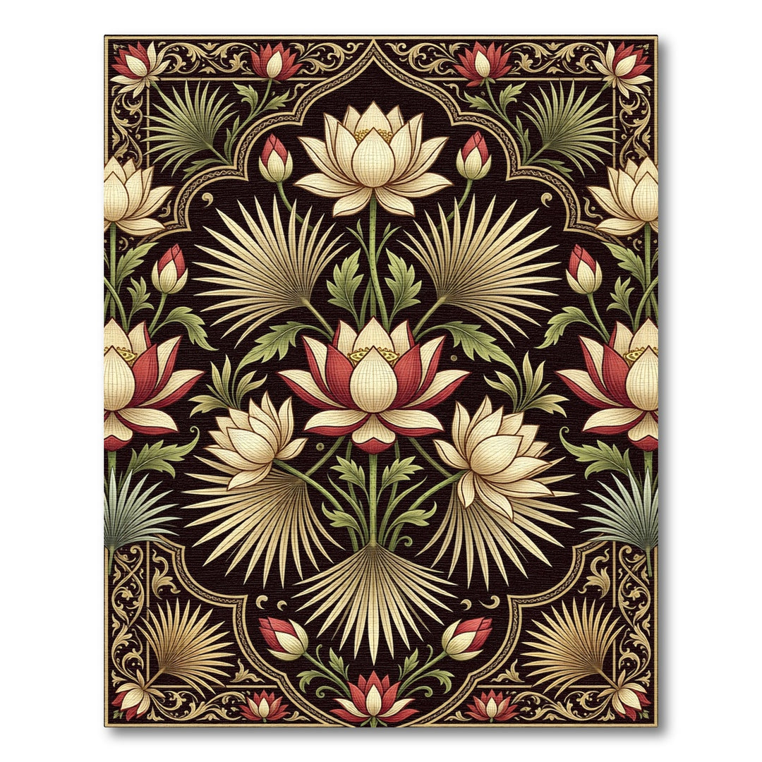 Rich Crimson Lotus Palm Art Nouveau Rug