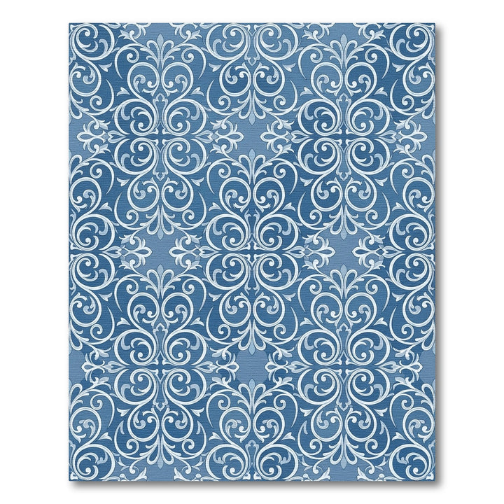Ornate Blue Scrollwork Damask Rug