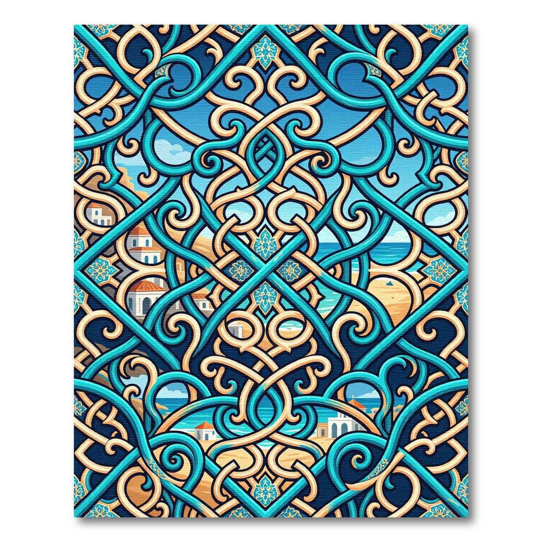 Turquoise Gold Interlocking Mediterranean Scene Rug