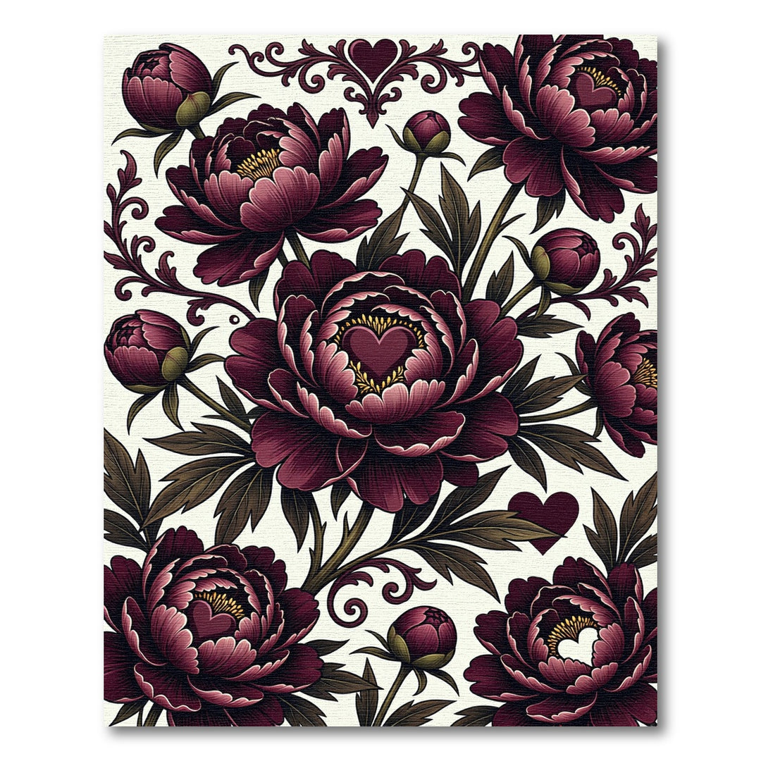 Deep Burgundy Floral Heart Pattern Rug