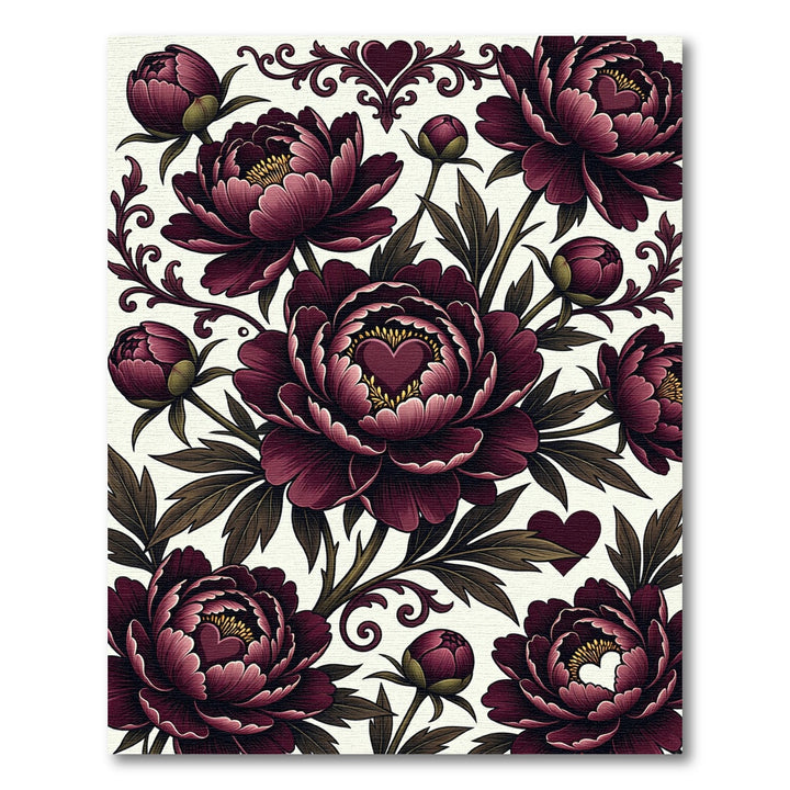Deep Burgundy Floral Heart Pattern Rug