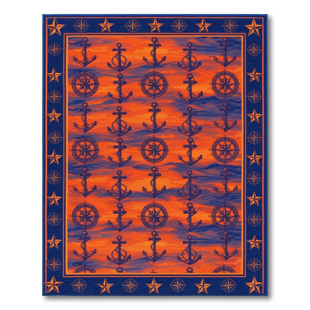 Orange Nautical Anchor Compass Area Rug