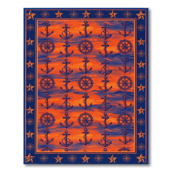 Orange Nautical Anchor Compass Area Rug