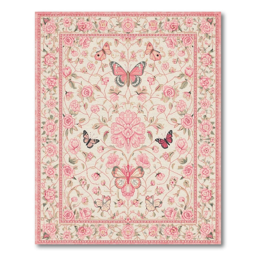 Pink Butterfly Rose Floral Vintage Area Rug