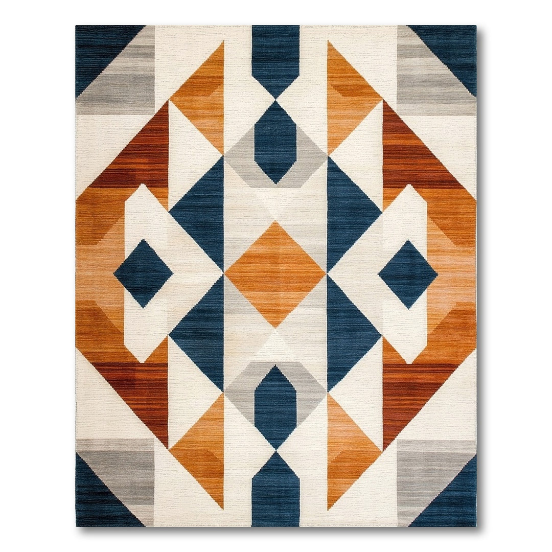 Navy Geometric Diamond Area Rug with Orange Accents