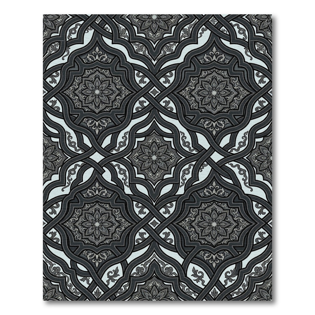 Ornate Dark Gray Interlocking Mandala Rug