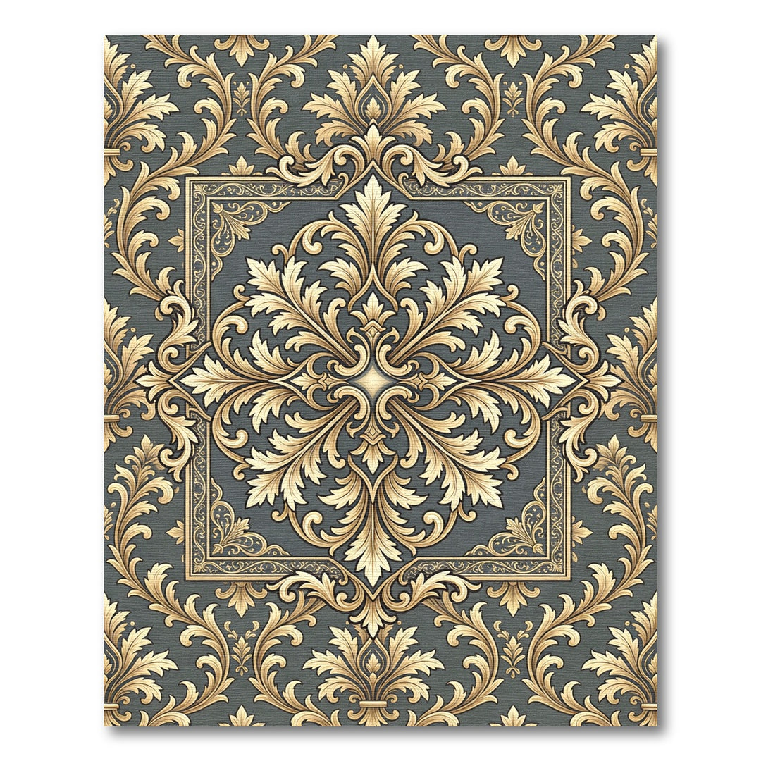 Gold Scrollwork Frame Dark Grey Rug