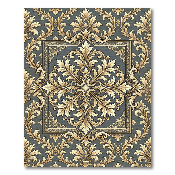 Gold Scrollwork Frame Dark Grey Rug