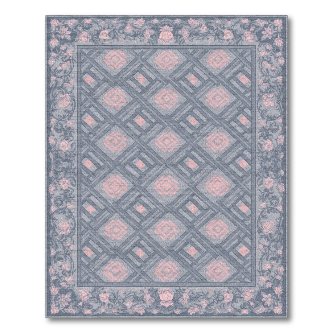 Blue Geometric Pink Floral Border Rug