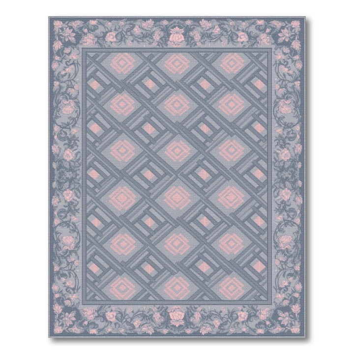 Blue Geometric Pink Floral Border Rug