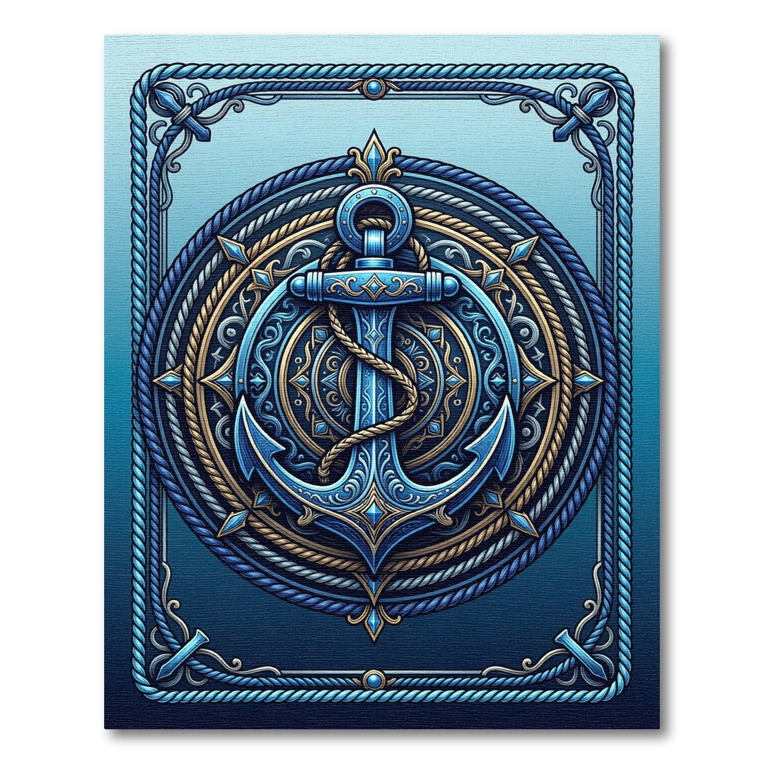 Majestic Blue Golden Anchor Emblem Rug