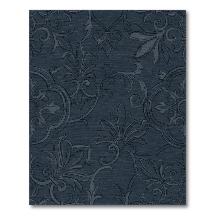 Navy Blue Scrolled Leaf Medallion Rug