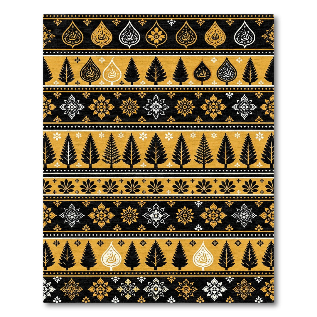 Golden Yellow Black Tree Floral Medallion Rug