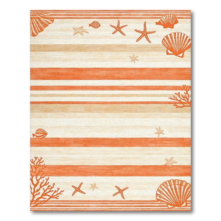 Coastal Orange Striped Seashell Area Rug