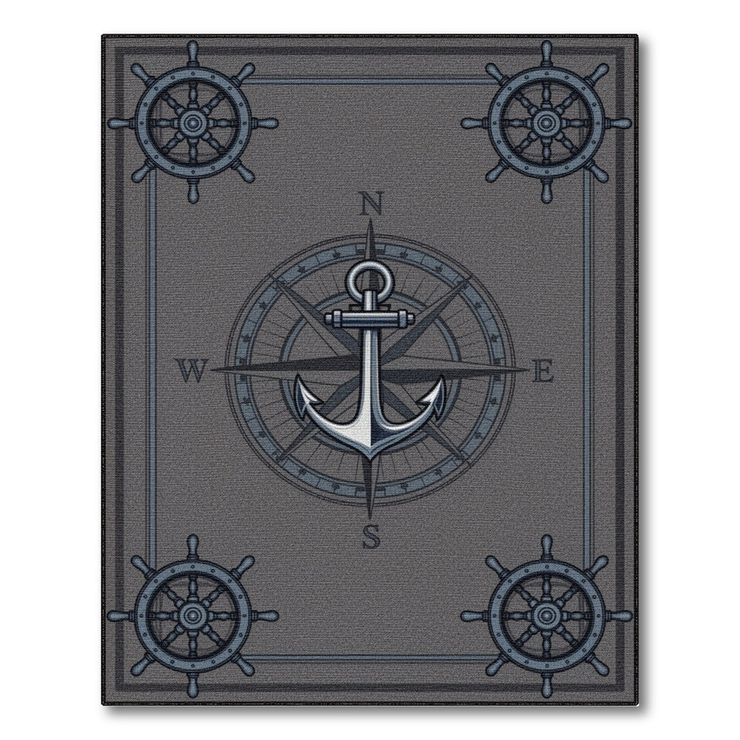 Grey Nautical Anchor Compass Area Rug
