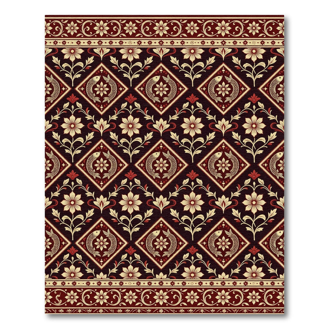 Deep Burgundy Floral Diamond Fish Rug