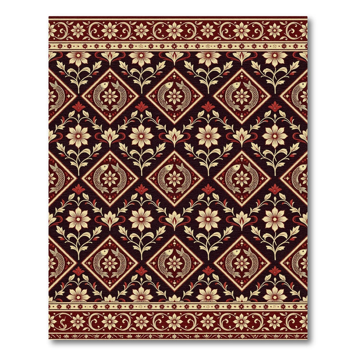 Deep Burgundy Floral Diamond Fish Rug