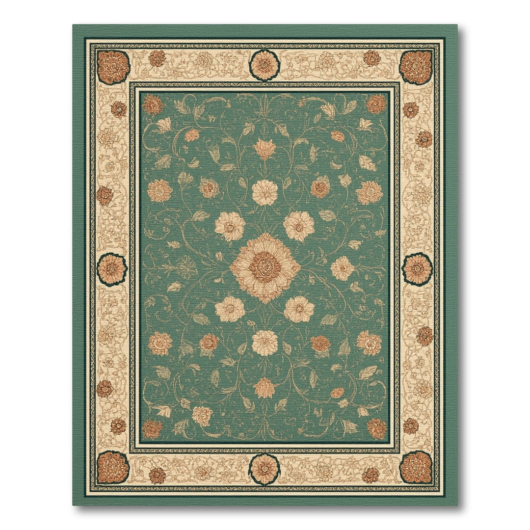 Teal Floral Vintage Area Rug with Cream Border