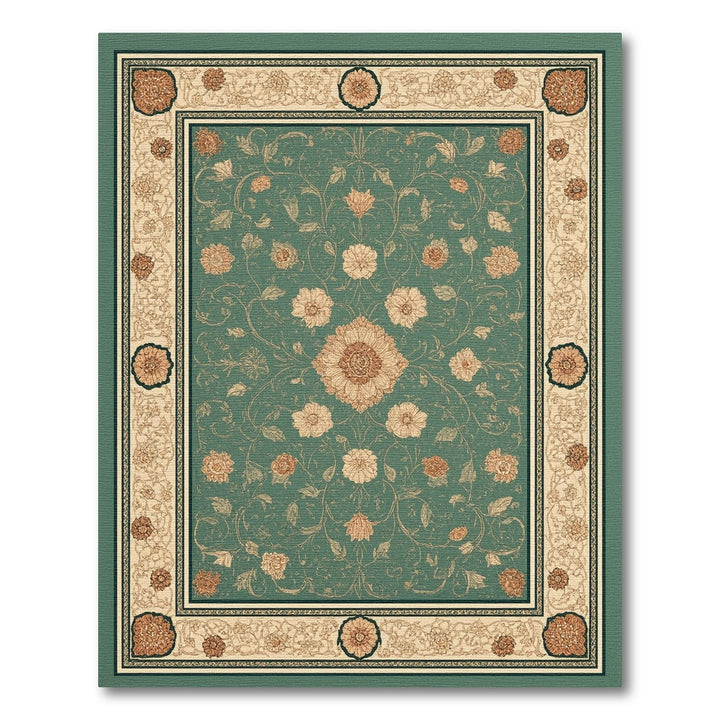 Teal Floral Vintage Area Rug with Cream Border