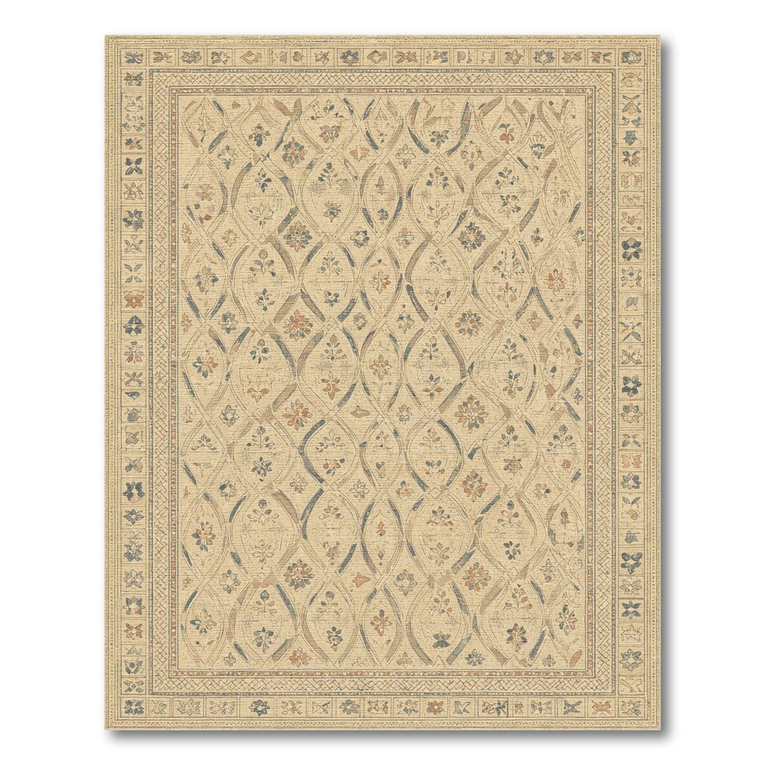 Beige Distressed Floral Lattice Rug