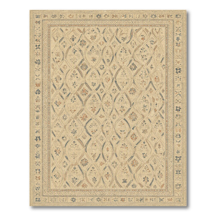 Beige Distressed Floral Lattice Rug