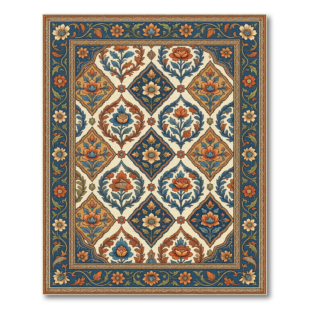 Rich Blue Orange Floral Medallion Rug
