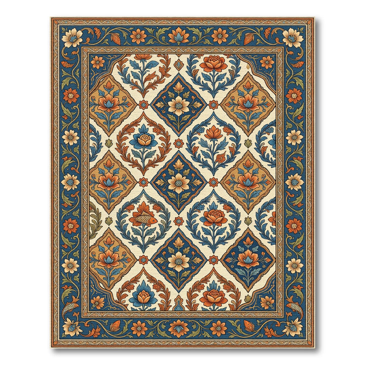 Rich Blue Orange Floral Medallion Rug