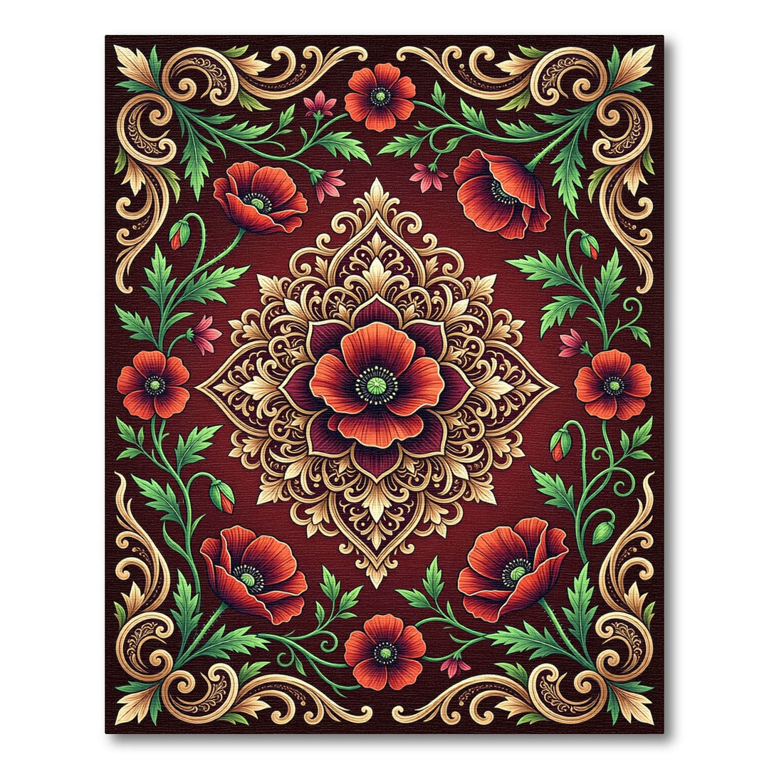 Ornate Red Poppy Floral Medallion Rug