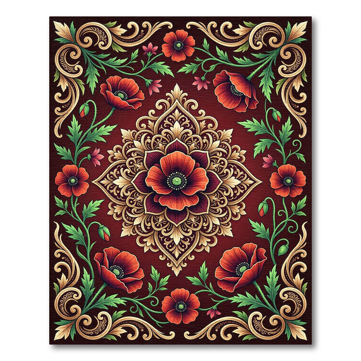 Ornate Red Poppy Floral Medallion Rug