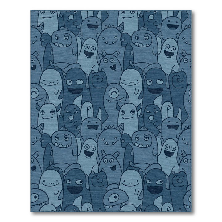 Whimsical Blue Monster Crowd Comical Art Rug