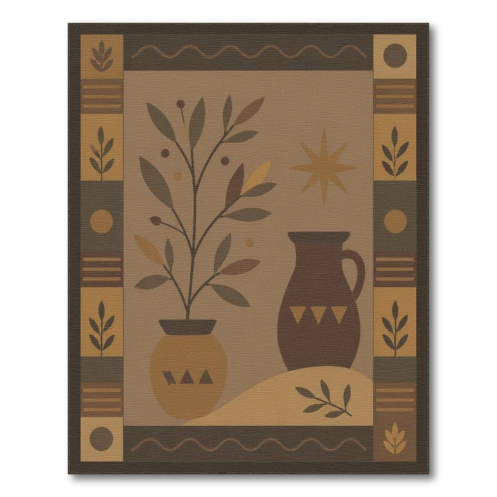 Southwestern Brown Tan Plant and Pitcher Area Rug