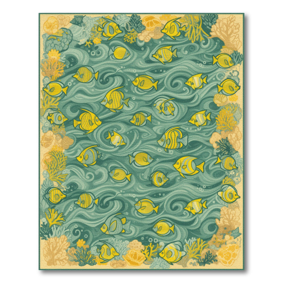 Yellow Fish Teal Wave Coastal Area Rug